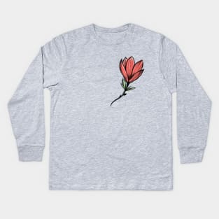 Red Magnolia Flower Watercolor art Kids Long Sleeve T-Shirt